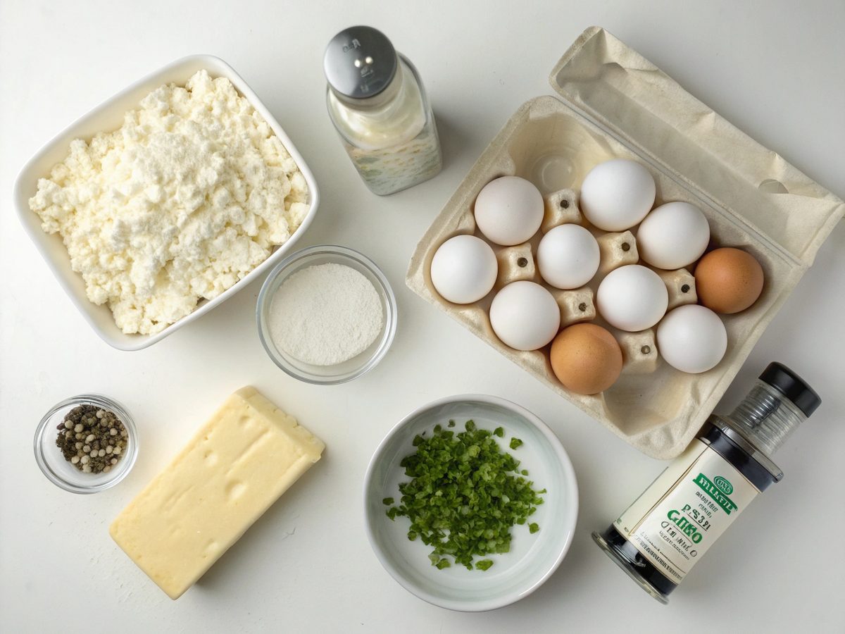 A flat lay of ingredients for keto savory cottage cheese pancakes including cottage cheese, eggs, almond flour, and spices.