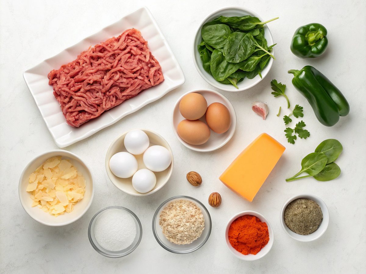 Top view of ingredients for keto turkey breakfast casserole, ready for preparation