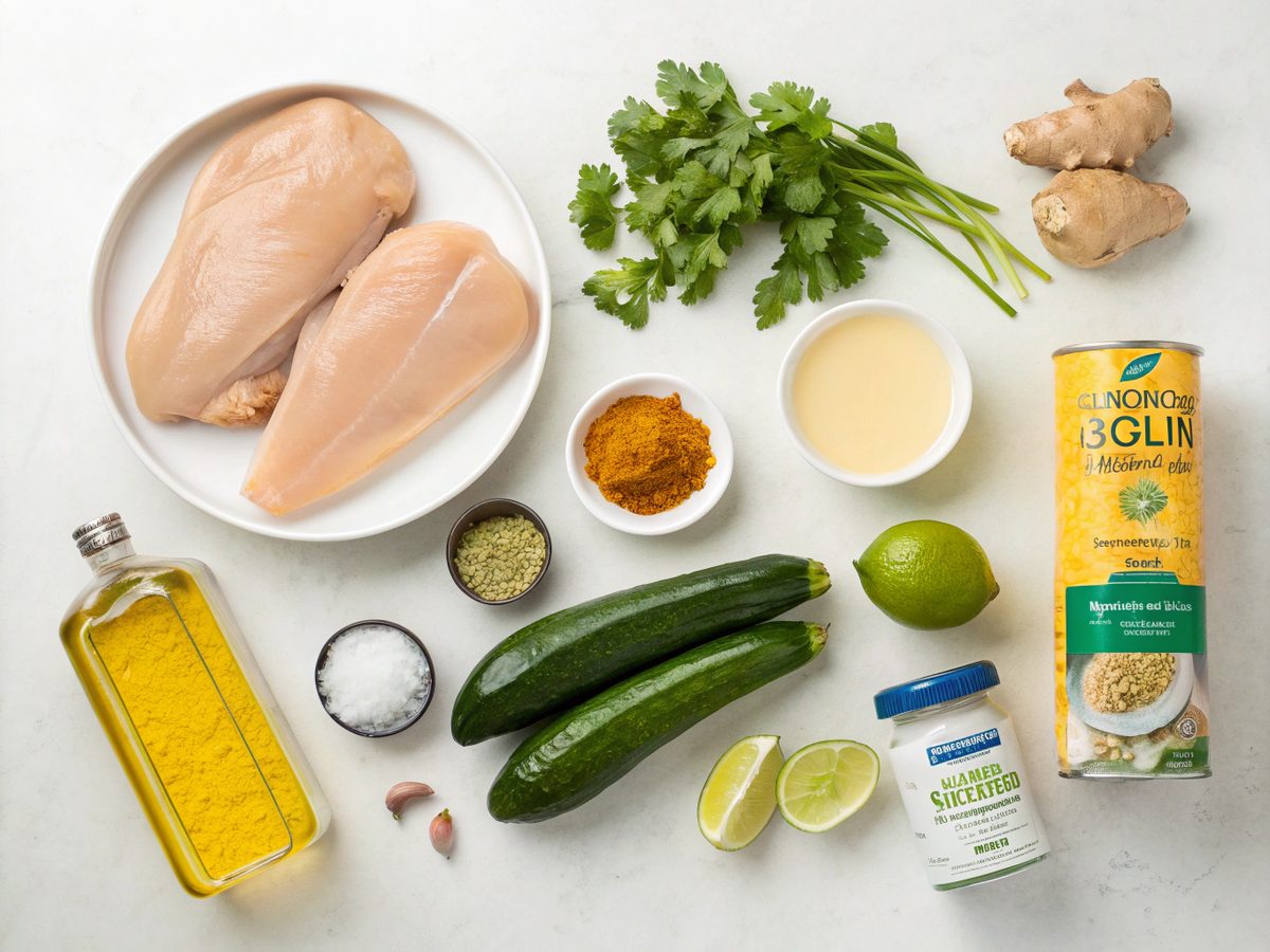 Flat lay of ingredients for Keto Turmeric Ginger Chicken Soup Zoodles