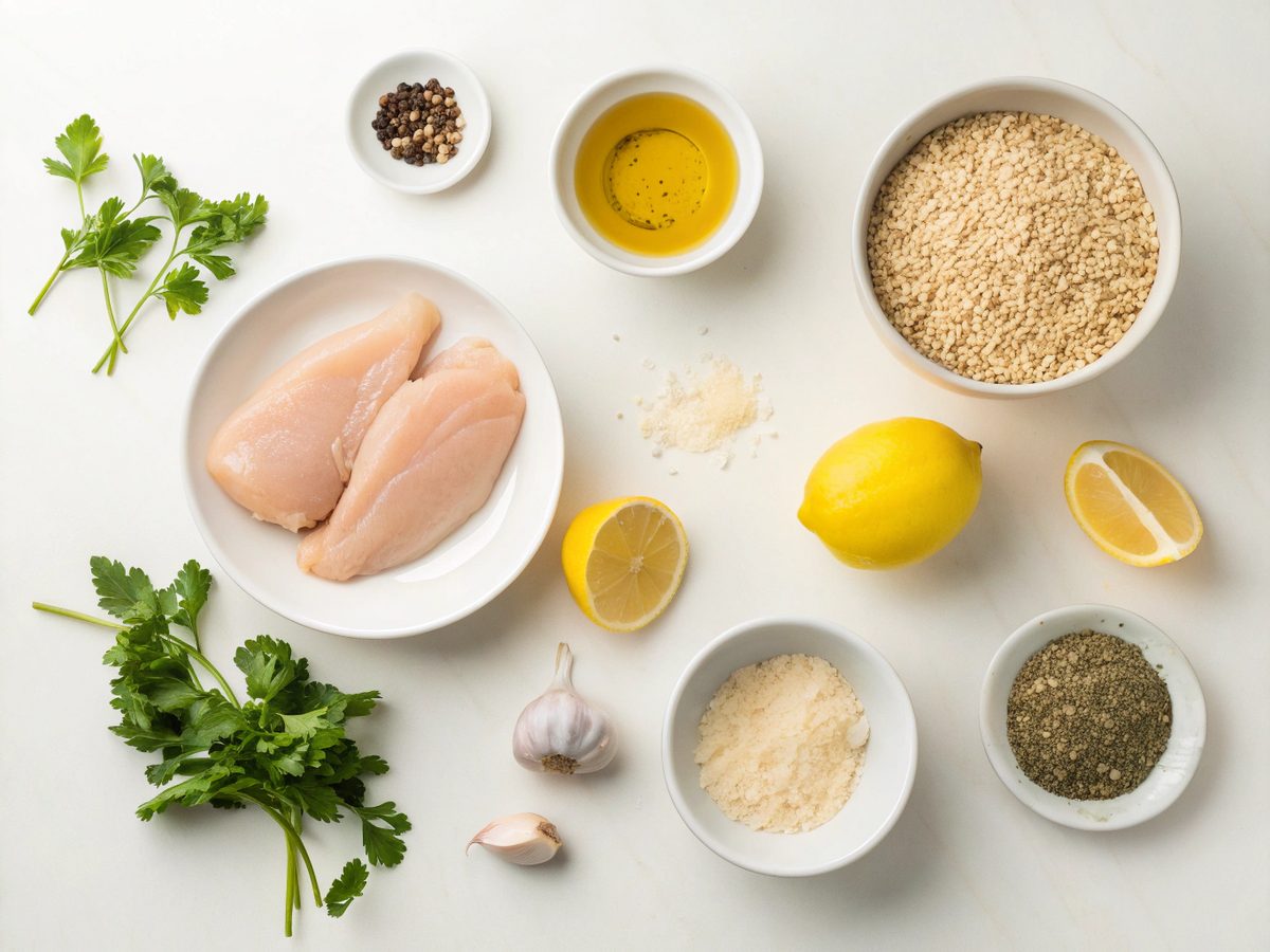 Ingredients display for making lemon herb chicken quinoa pilaf