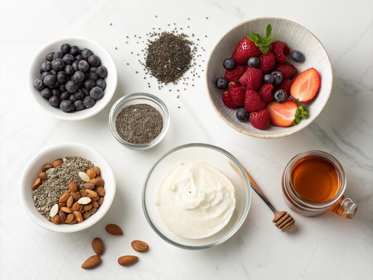 Flat lay of ingredients for a low carb Greek yogurt berry parfait