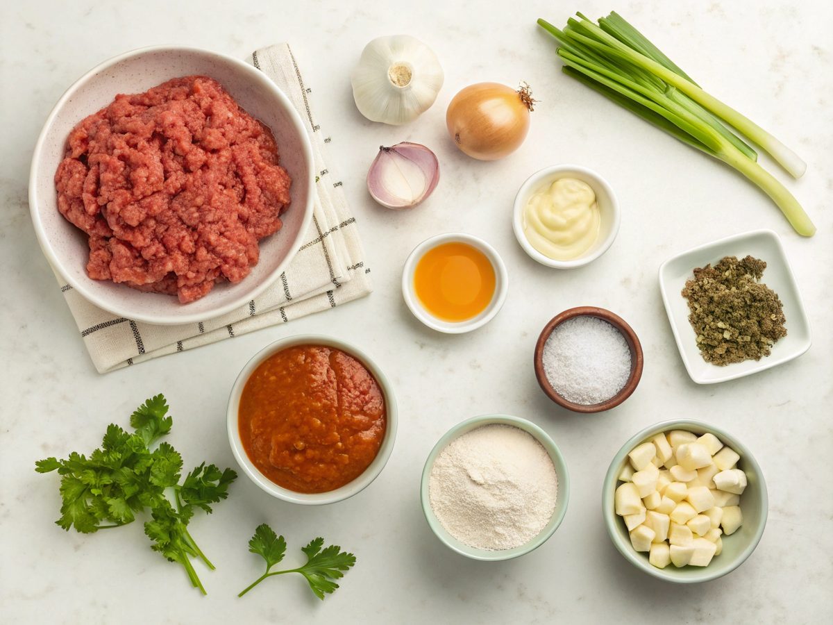 Ingredients for making low carb ground beef buffalo, including beef, buffalo sauce, and more.