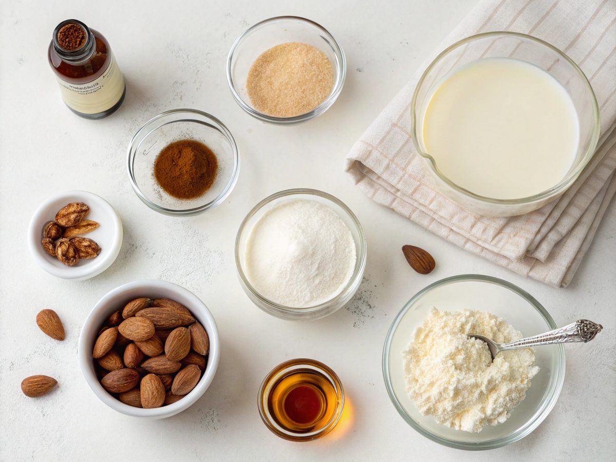 A collection of ingredients including almond milk, nutmeg, and erythritol for a Low Carb Nutmeg Pudding Treat.