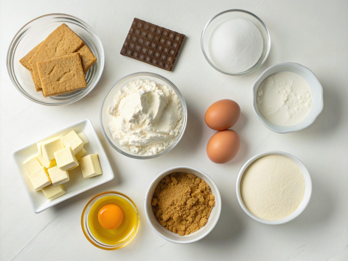 Flat lay of ingredients needed for cheesecake