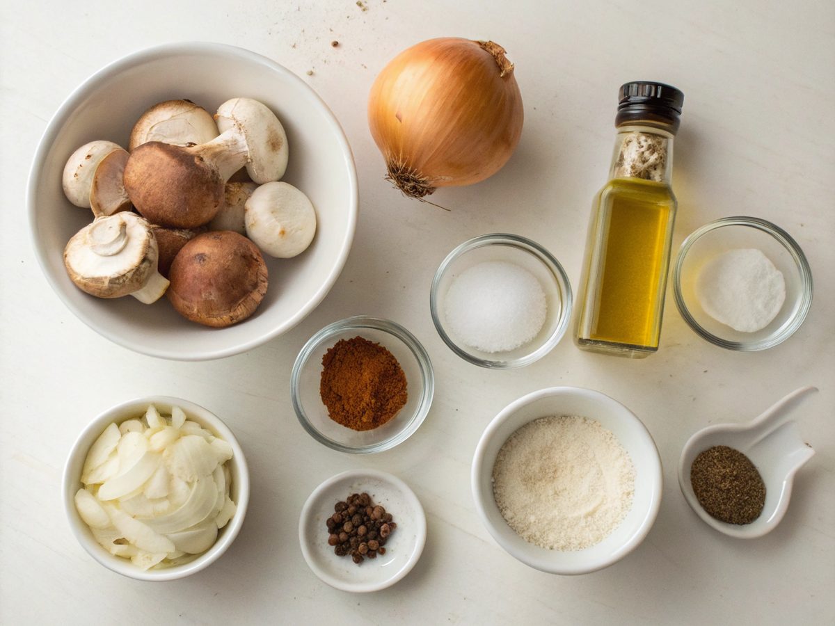 Overview of ingredients for the Nutmeg Mushroom Keto Stroganoff.