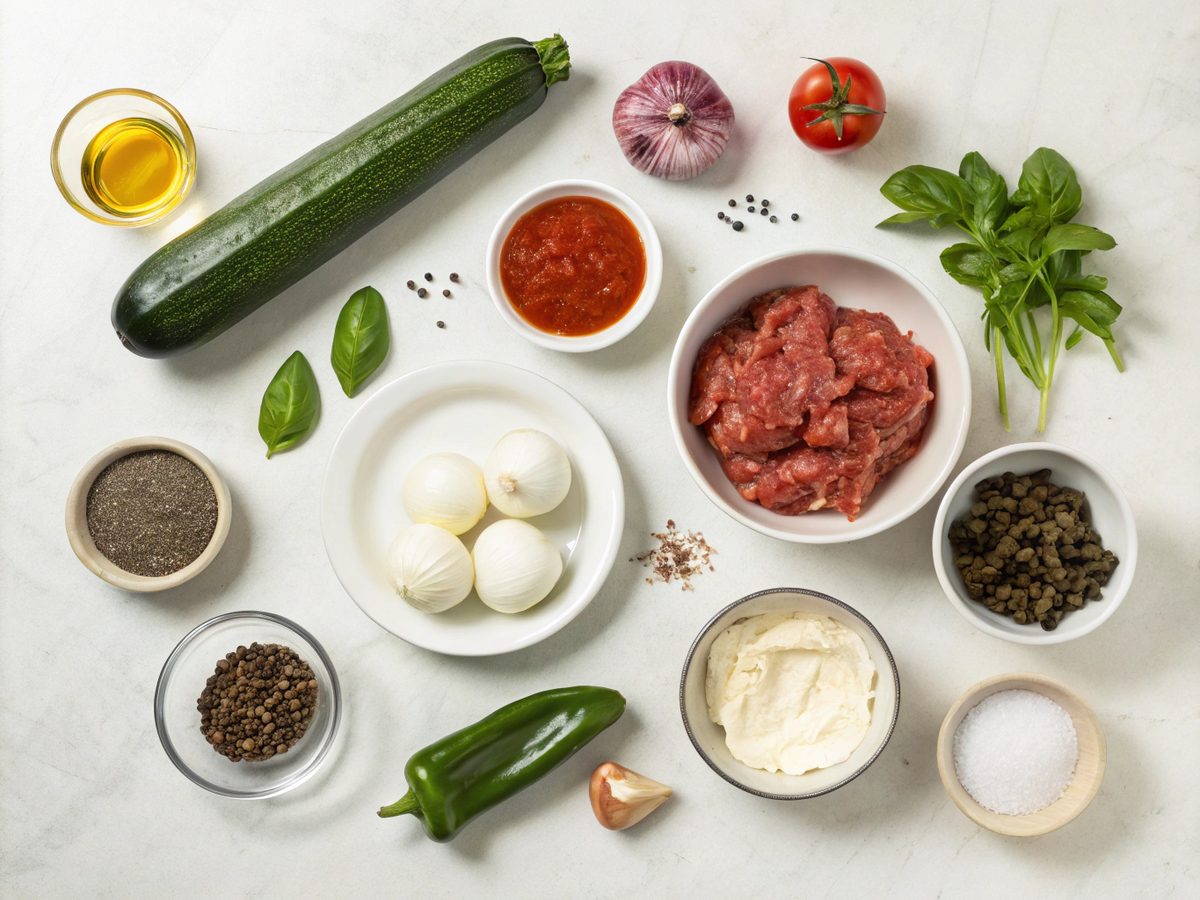 Ingredients laid out for making onion stuffed beef zucchini boats