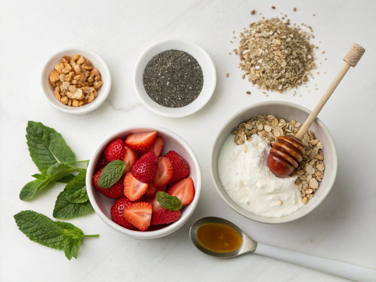 Flat lay of ingredients for Quark Strawberry Protein Bowl Recipe