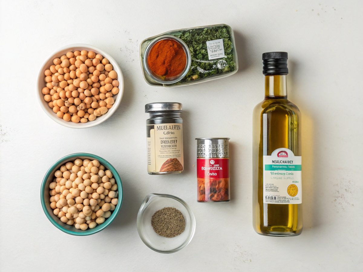 Illustration of ingredients for roasted chickpeas paprika crunch recipe, including chickpeas and spices.