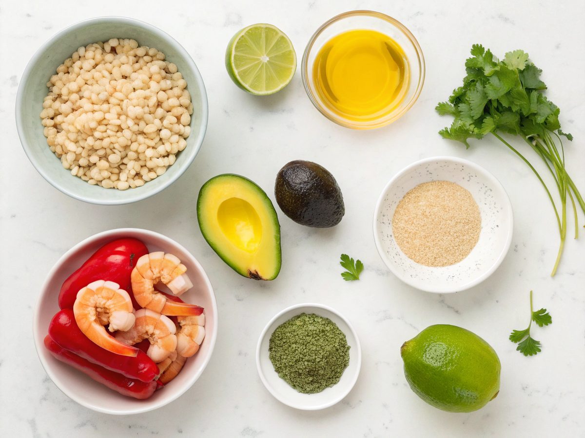 Flat lay of shrimp mango quinoa bowls ingredients