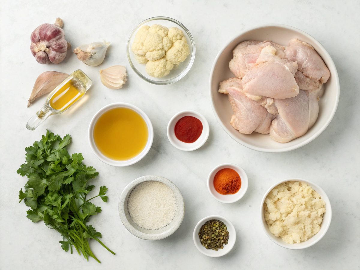 Visual ingredients image for skillet chicken and cauliflower recipe.