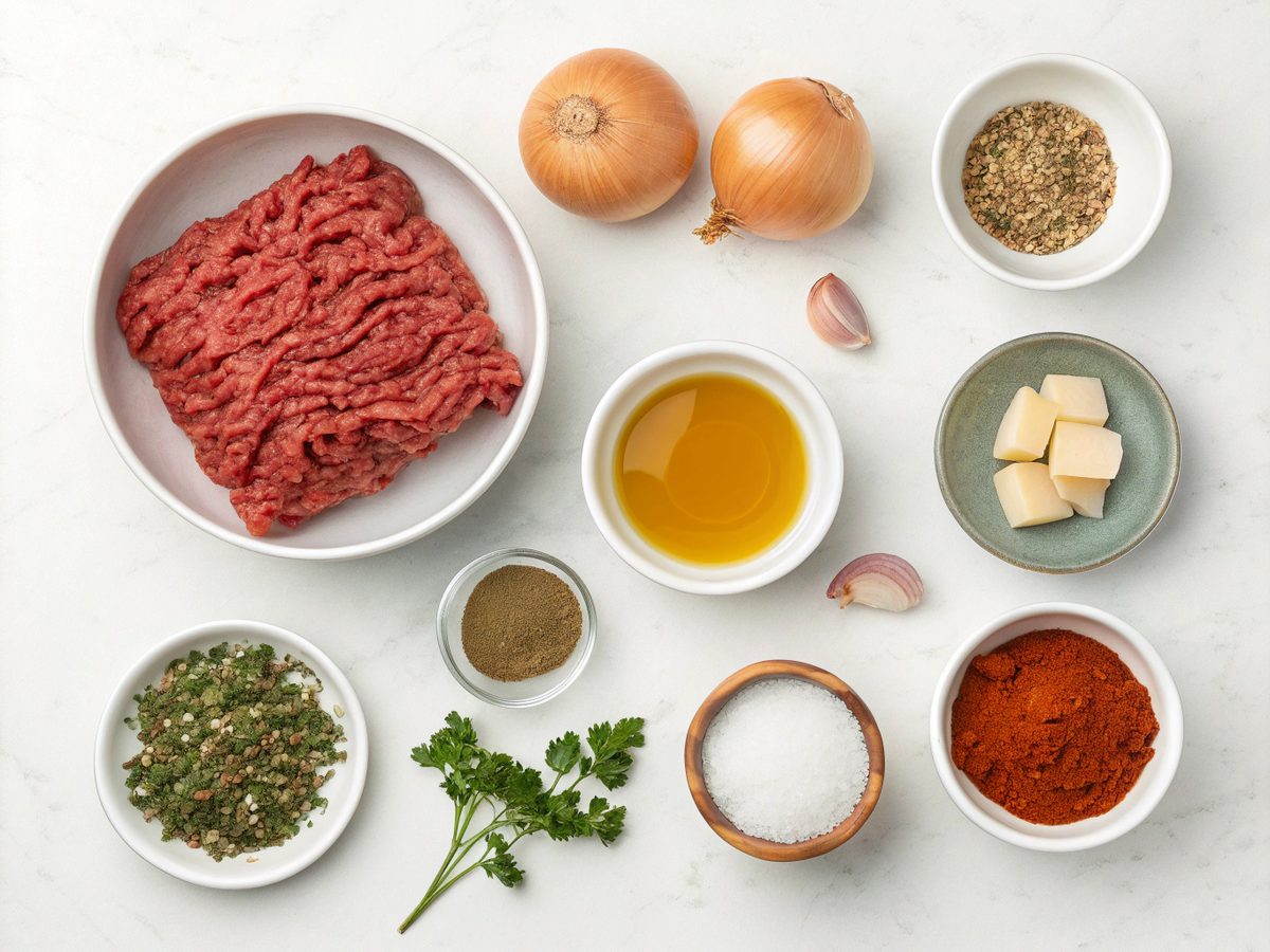 Illustration showing ingredients for Skillet Keto Beef and Onion