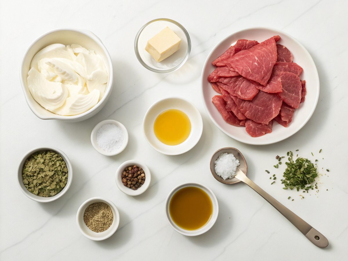 Ingredients for skillet keto beef and tarragon recipe arranged on a kitchen counter