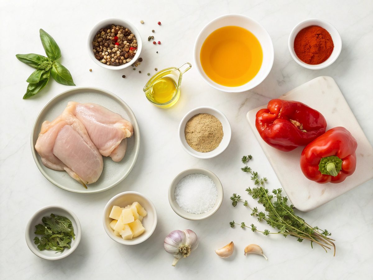 Ingredients for slow cooker chicken cacciatore low carb laid out on a kitchen counter