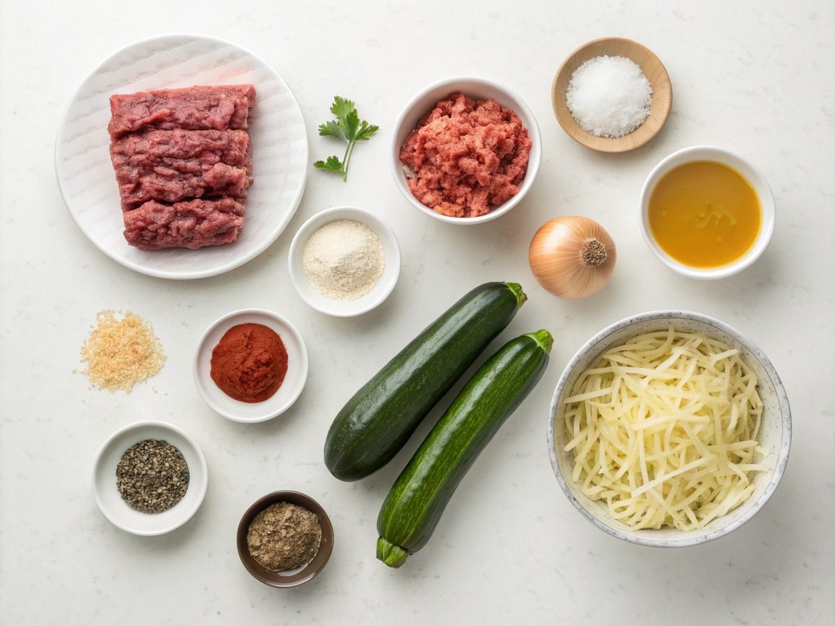 A collection of ingredients for making Taco Stuffed Beef Zucchini Boats
