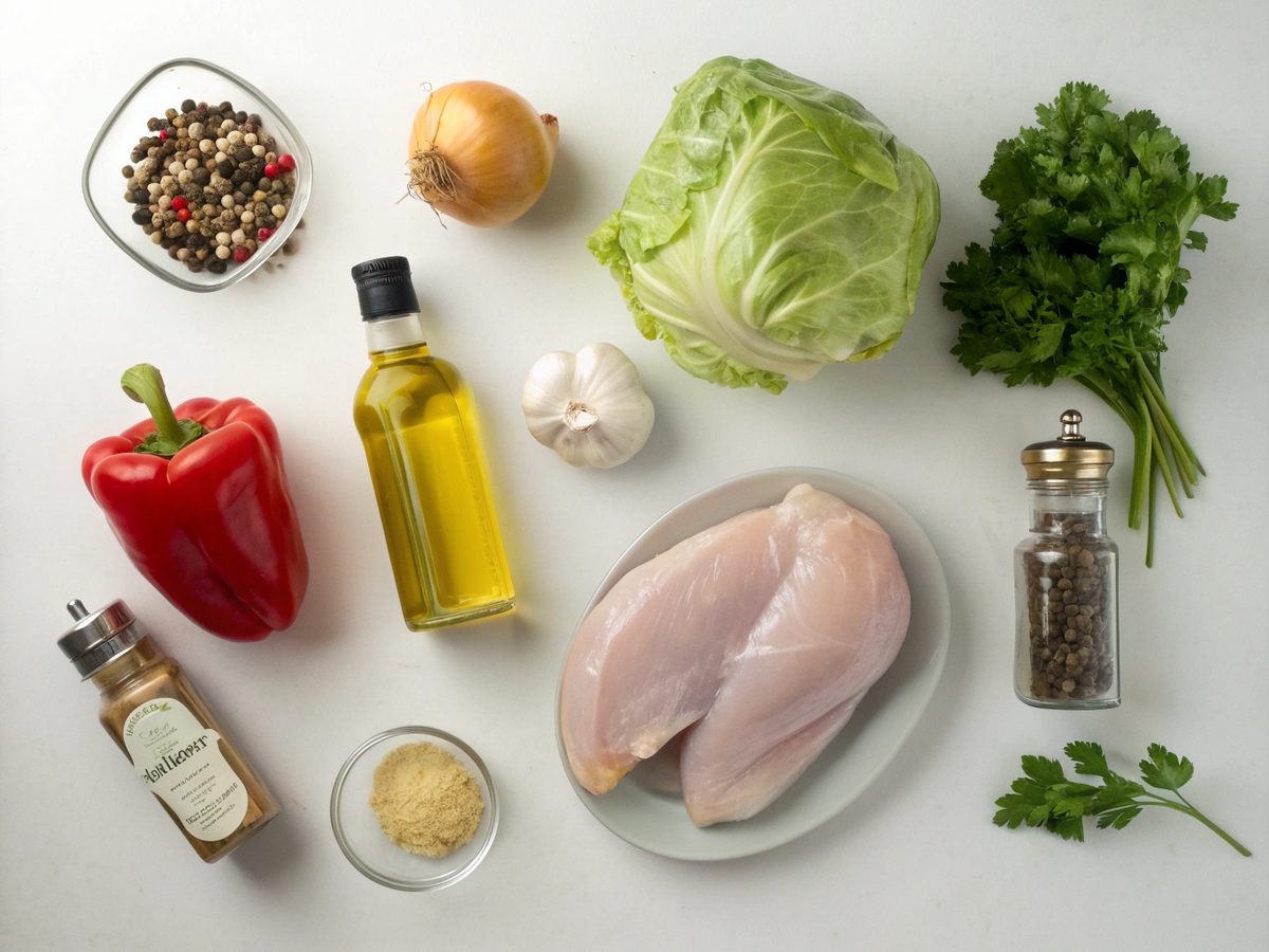 Fresh ingredients for the Low Carb Chicken Cabbage Dish, including chicken and vegetables.