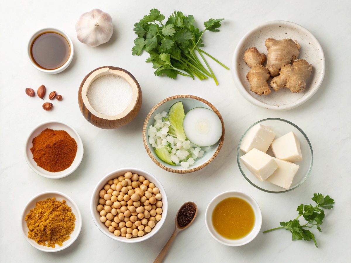Flat lay of ingredients for tofu coconut curry with chickpeas, including coconut milk, chickpeas, and spices.