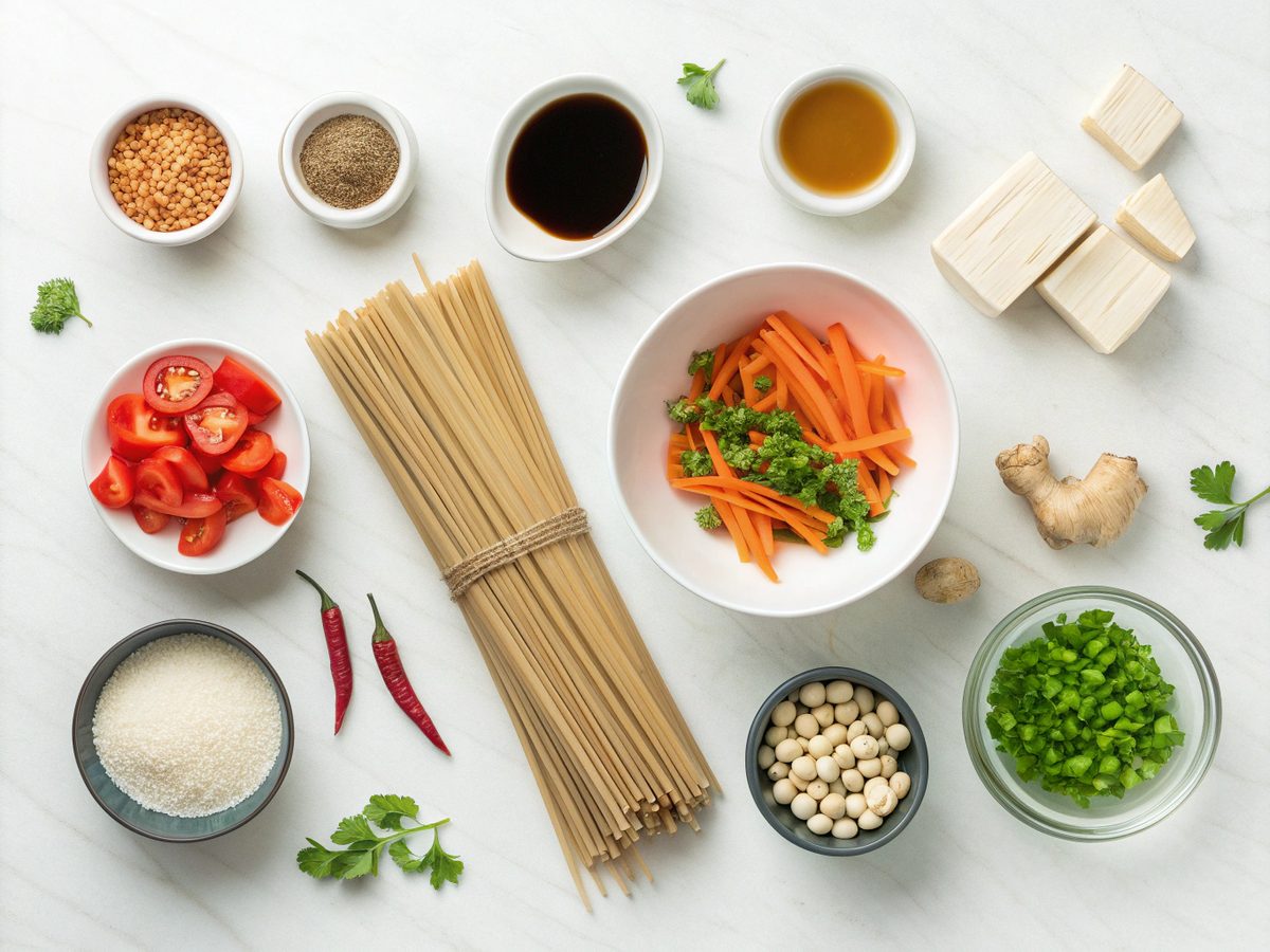 A flat lay of ingredients needed for Tofu Peanut Soba Bowl Recipe