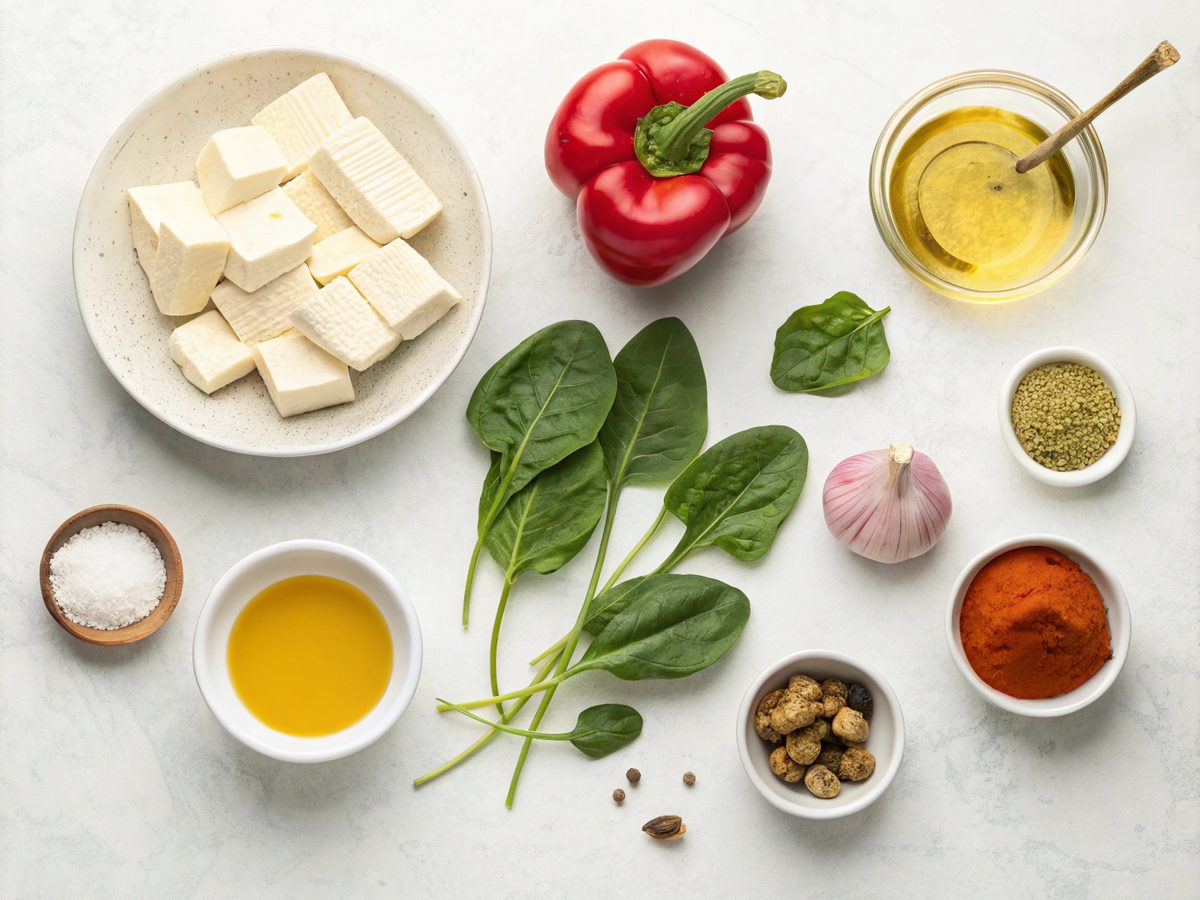 Ingredients for Tofu Scramble Veggie Skillet including tofu, spinach, and vegetables.