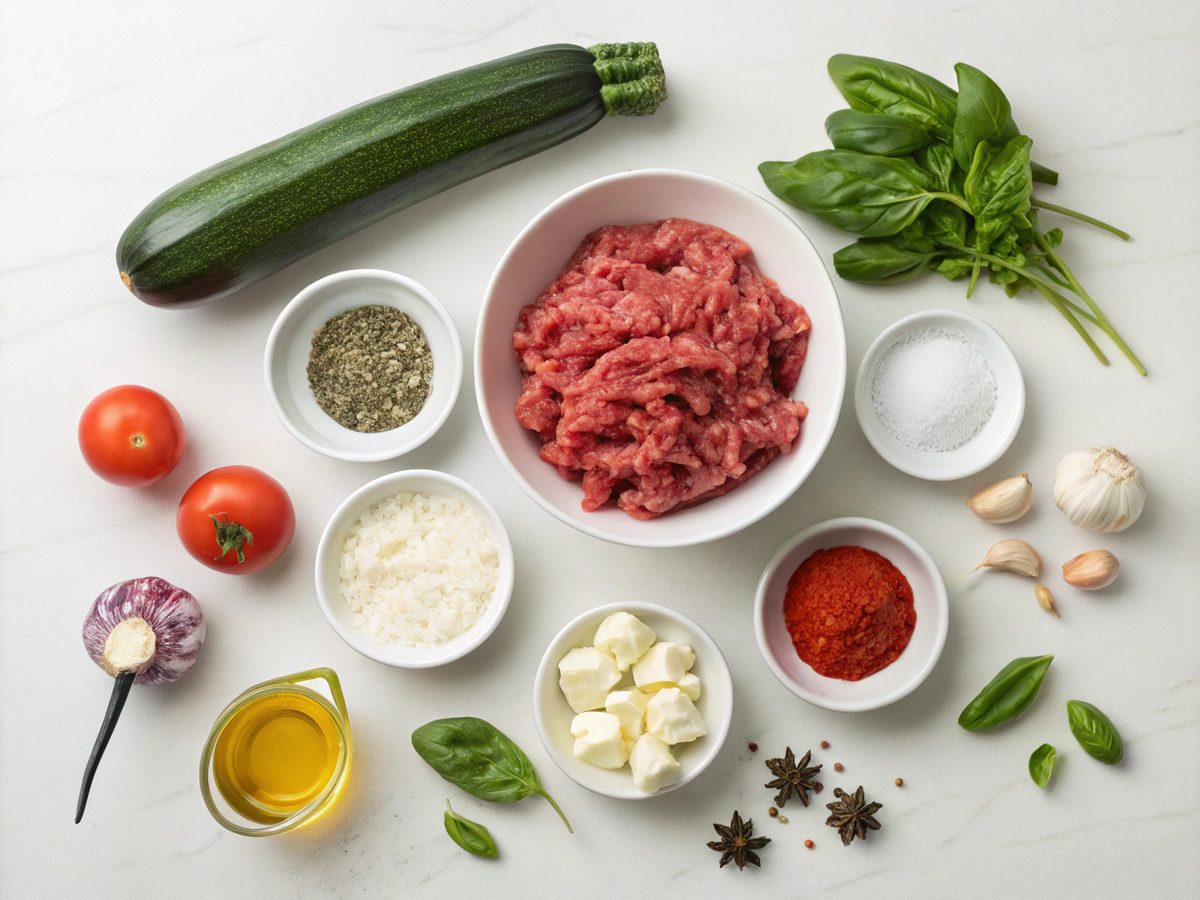Ingredients laid out for tomatoes stuffed beef zucchini boats: Fresh zucchinis, ground beef, diced tomatoes, and more.
