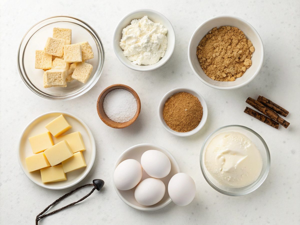 Flat lay of ingredients for vanilla cheesecake Greek yogurt bars