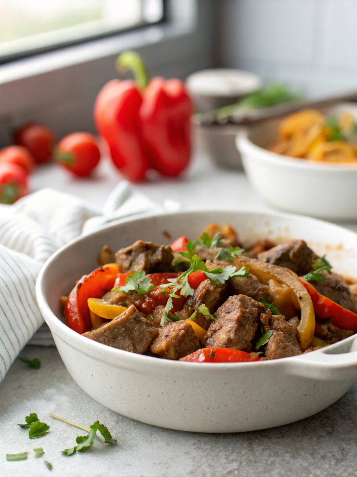 Featured image showing a bowl of skillet keto beef and paprika garnished and ready to enjoy