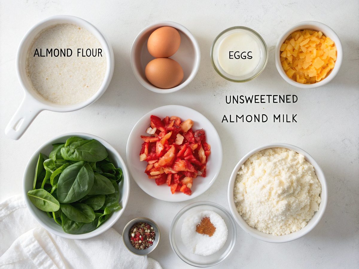 Ingredients for Keto Almond Flour Breakfast Casserole: eggs, almond flour, spinach, cheese