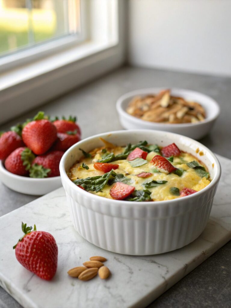 A freshly baked keto almond flour breakfast casserole, rich in colors and ready to be served.