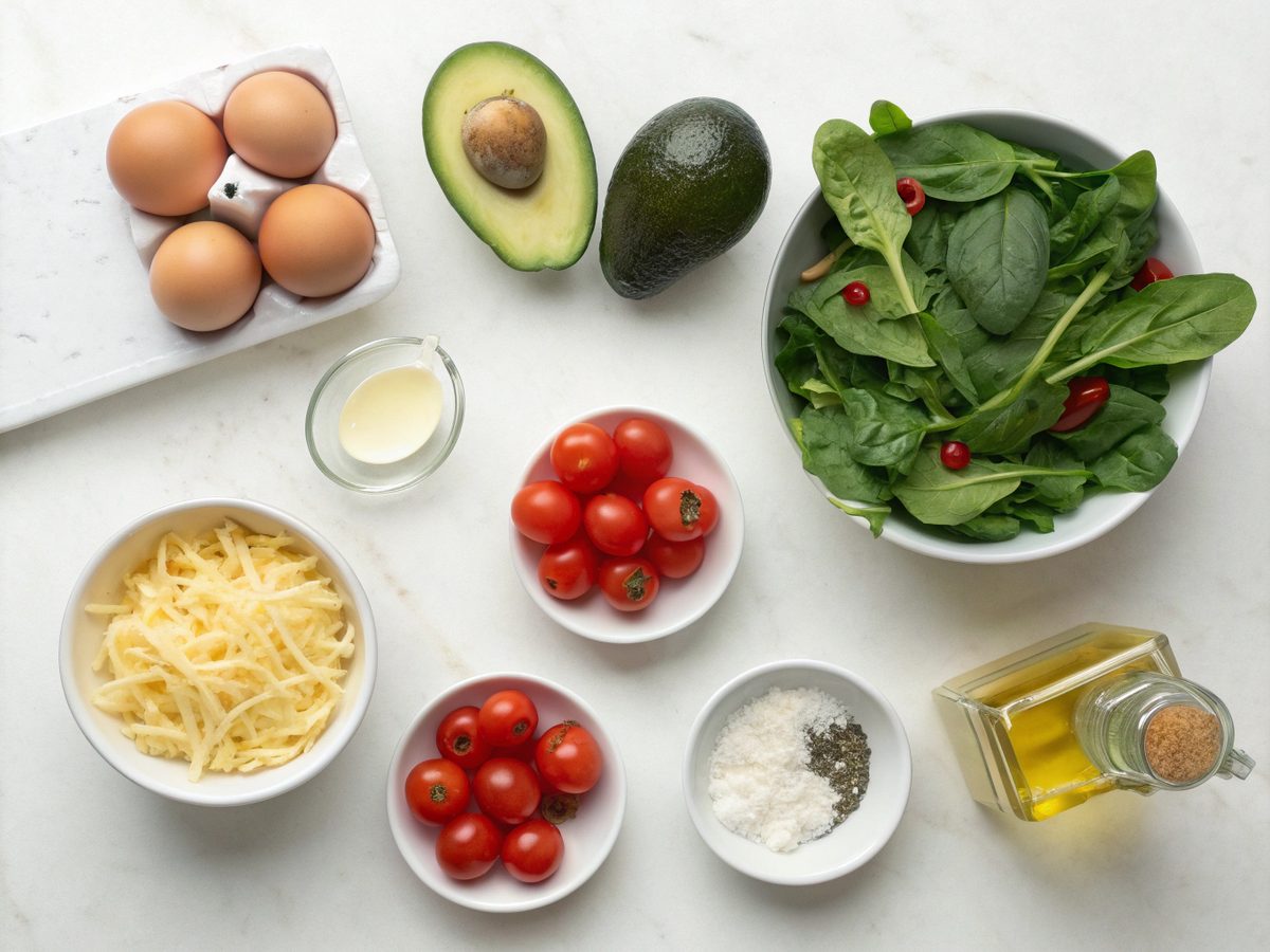 Flat lay of ingredients for a keto avocado breakfast casserole including avocados, eggs, cheese, and spinach.
