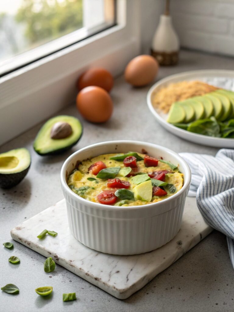 SEO-friendly alt text describing the keto avocado breakfast casserole, freshly baked.