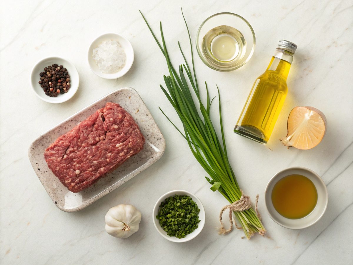 An SEO-friendly alt tag describing the image of ingredients for Keto Beef Chives Skillet.