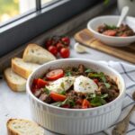 SEO-friendly alt text describing the featured image of Keto Beef Mozzarella Skillet
