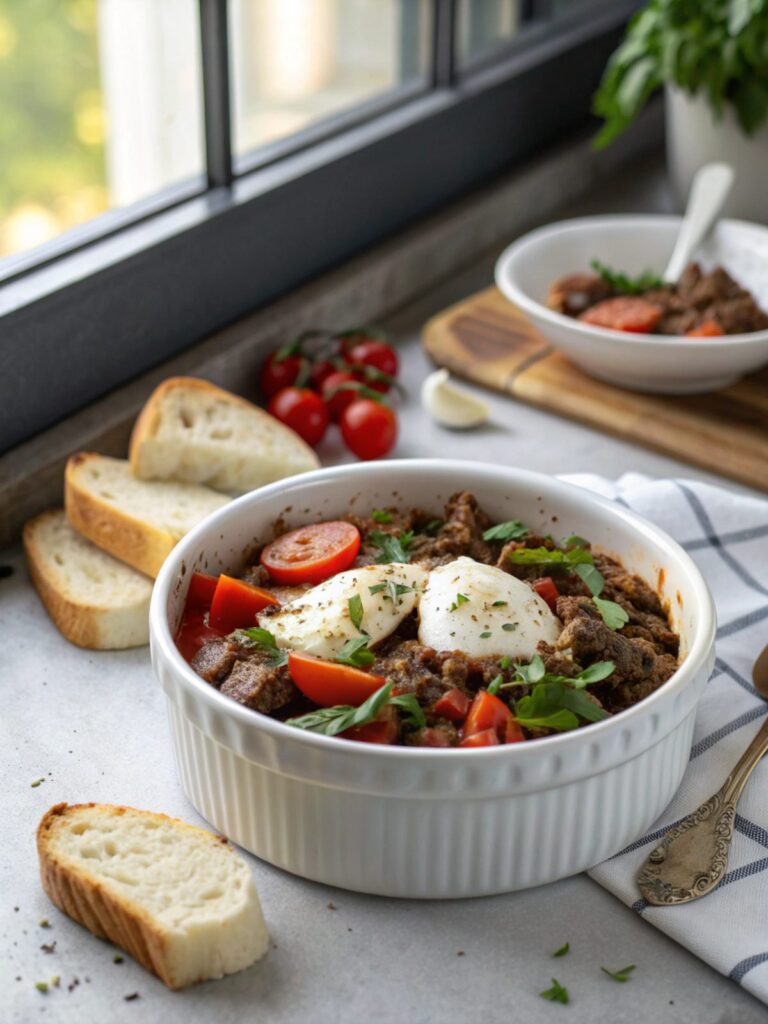 SEO-friendly alt text describing the featured image of Keto Beef Mozzarella Skillet