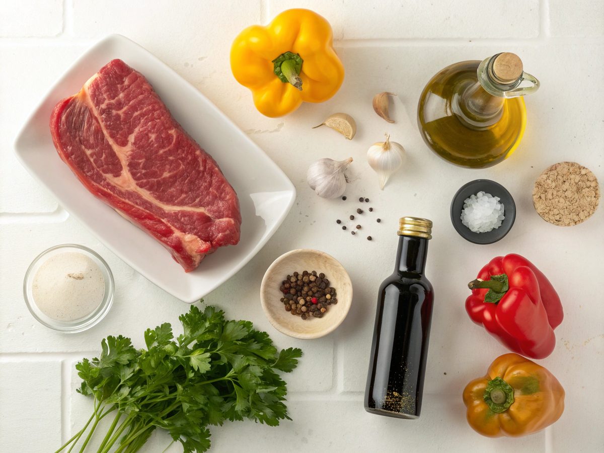 Flat lay of ingredients for keto beef pepper skillet recipe