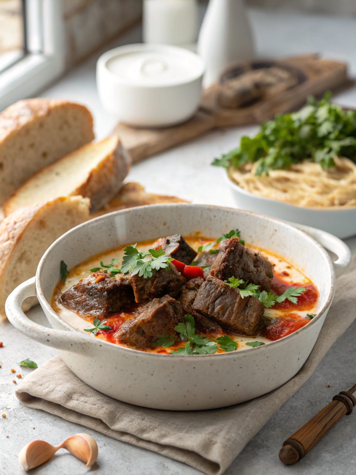 A beautifully cooked Keto Beef Short Rib Skillet with Coconut Milk, plated and garnished.