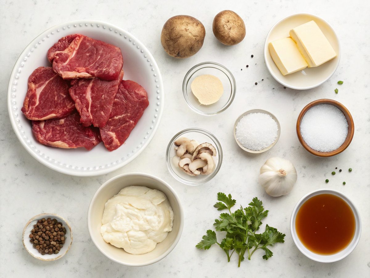 A top-down view of ingredients for keto beef stroganoff with broth.