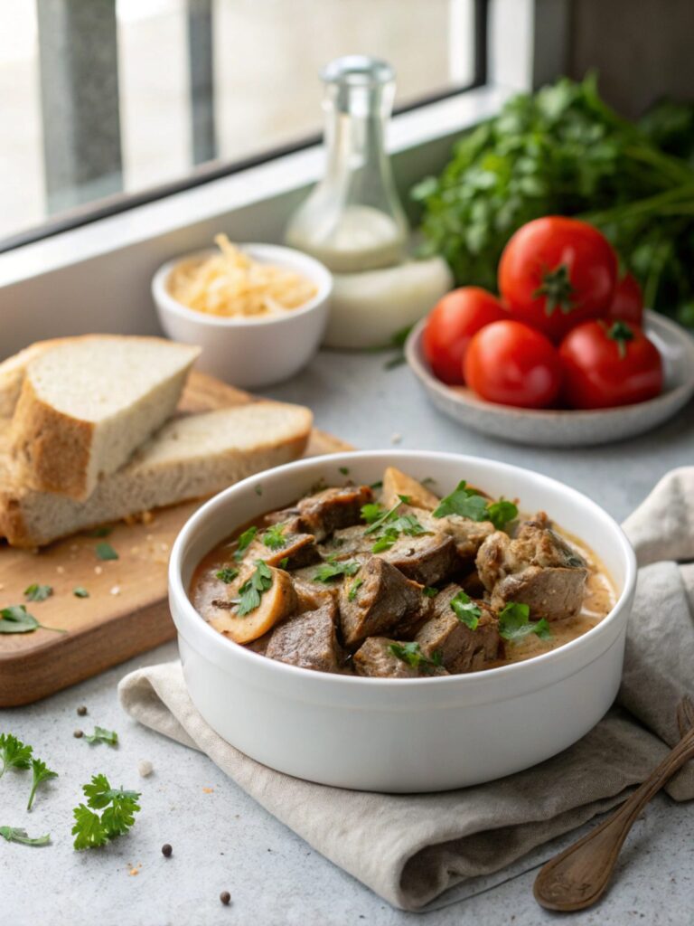 A delightful bowl of keto beef stroganoff with broth served beautifully.