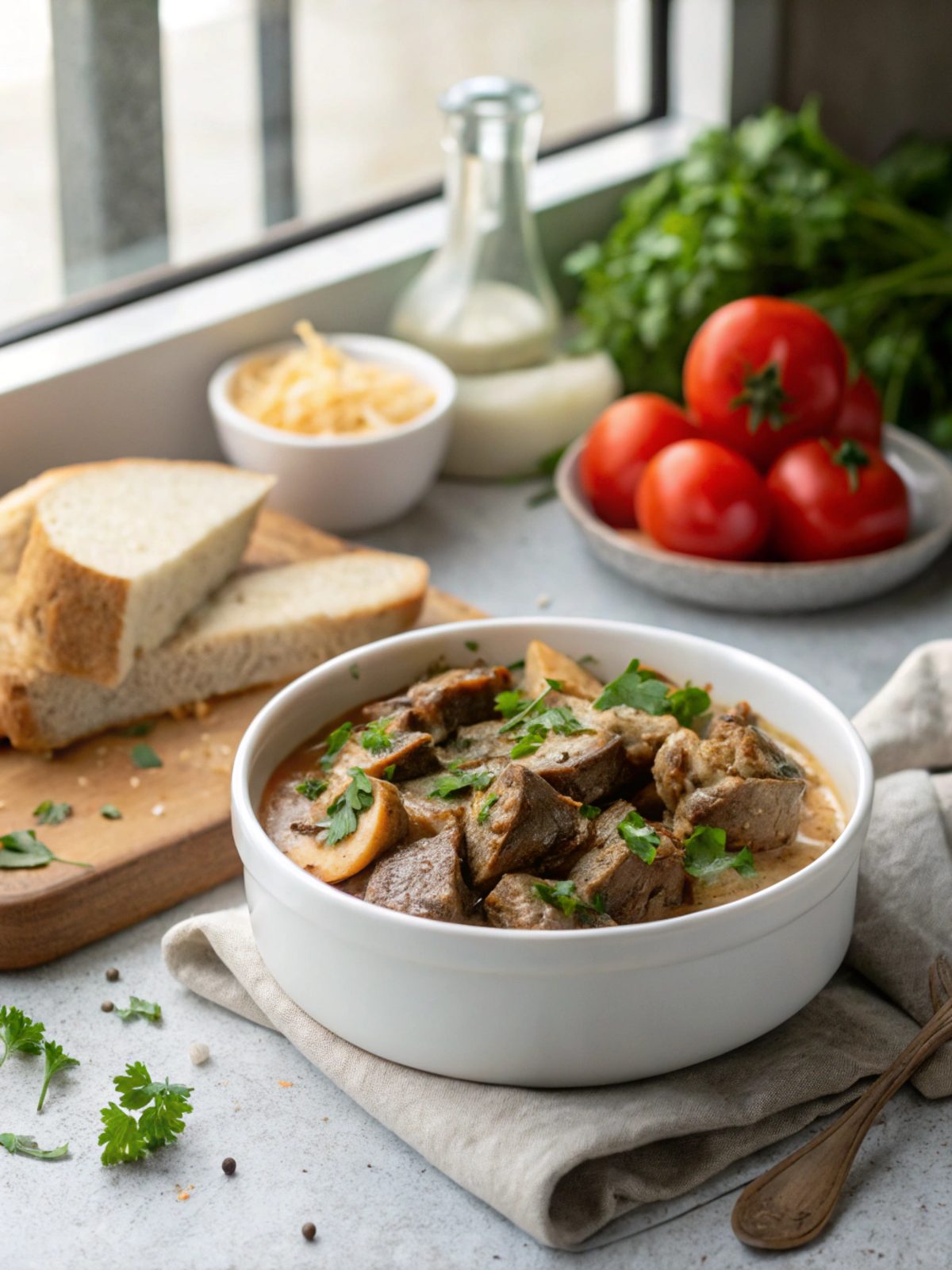 A delightful bowl of keto beef stroganoff with broth served beautifully.