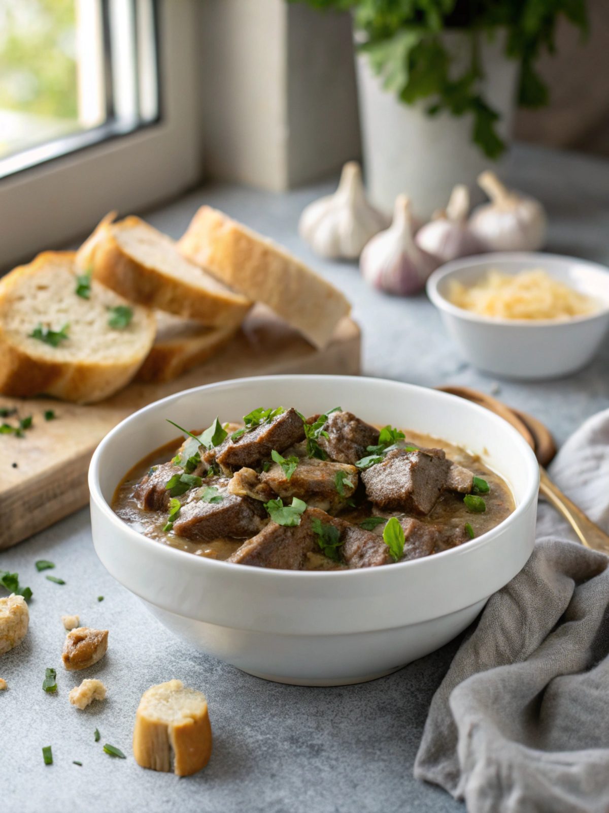 Perfectly plated Keto Beef Stroganoff with Garlic