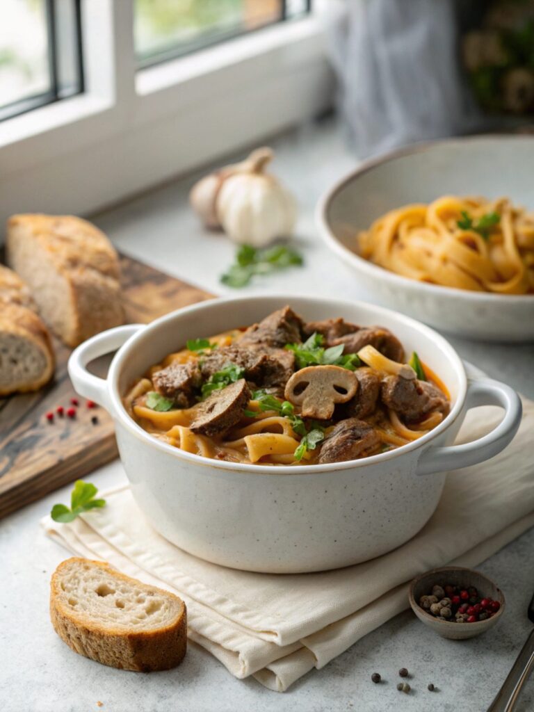 Delicious Keto Beef Stroganoff with Mushrooms served in a bowl