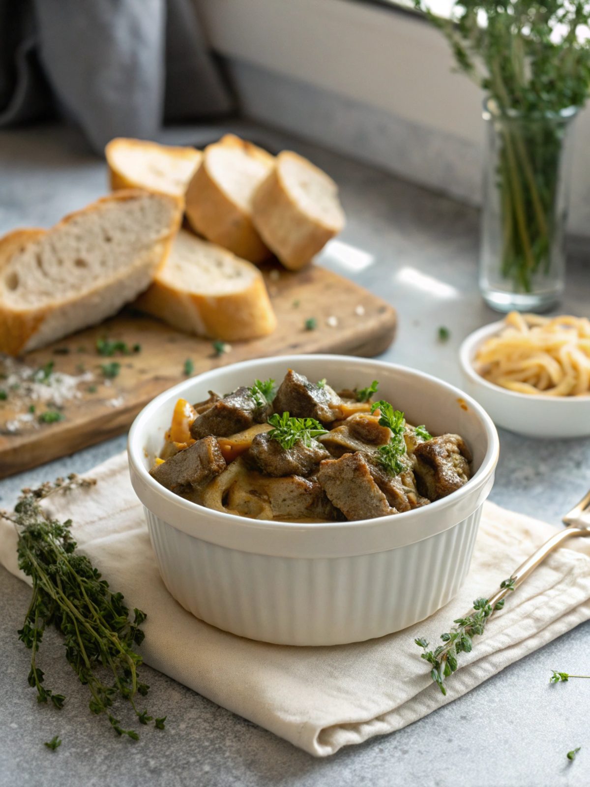 Delicious keto beef stroganoff with thyme served in a bowl.