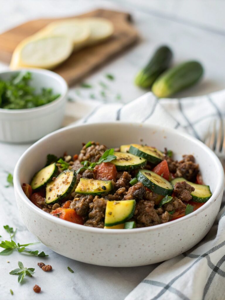 A delectable keto-friendly beef and zucchini skillet dish.