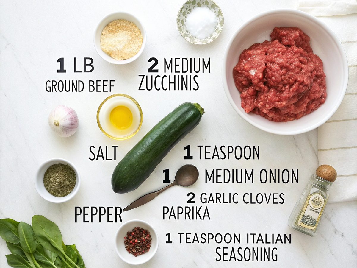 An overhead view of ingredients for a keto beef zucchini skillet.