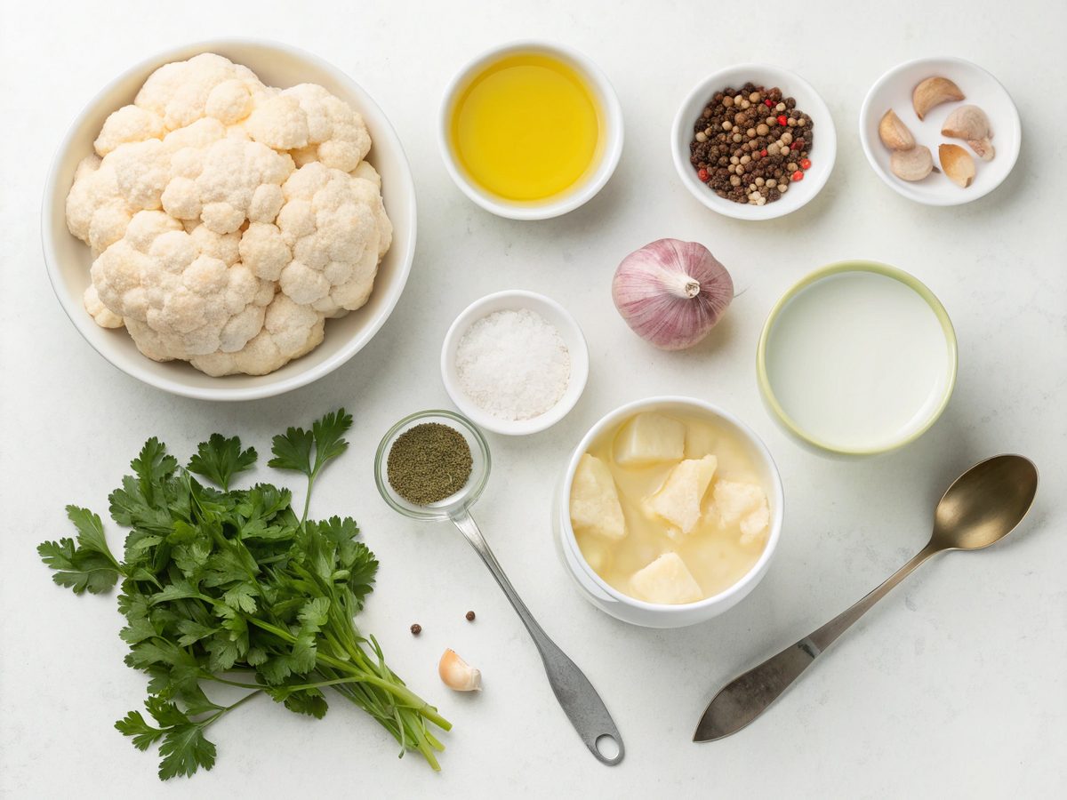 Ingredients for making keto cauliflower soup recipe idea