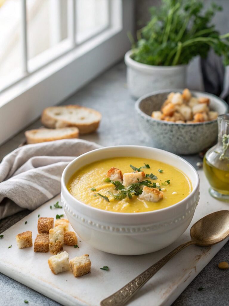 Beautifully served keto cauliflower soup with vibrant garnish