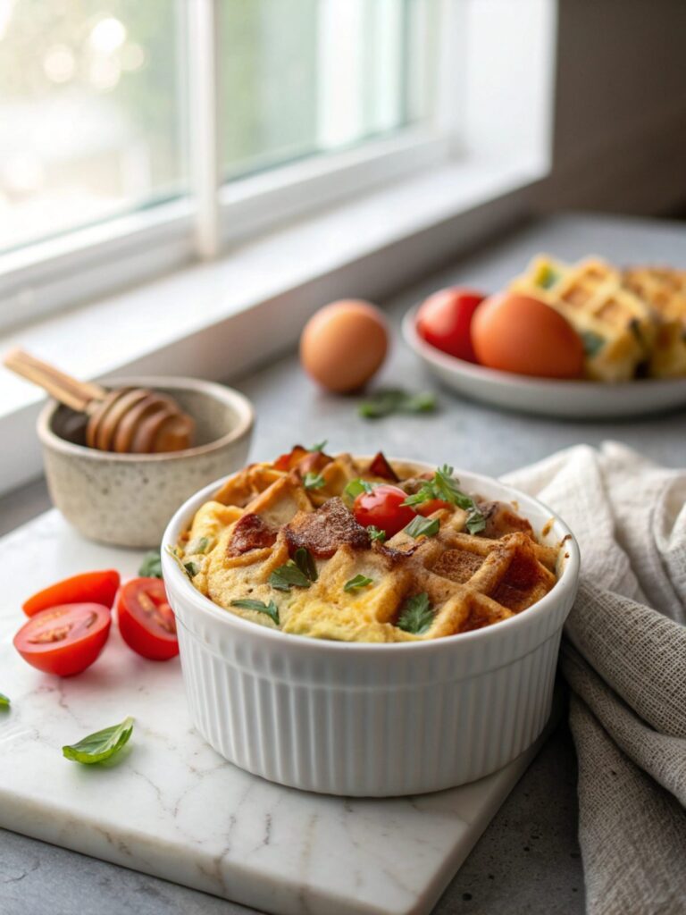 Tempting slice of Keto Chaffle Breakfast Casserole fresh from the oven