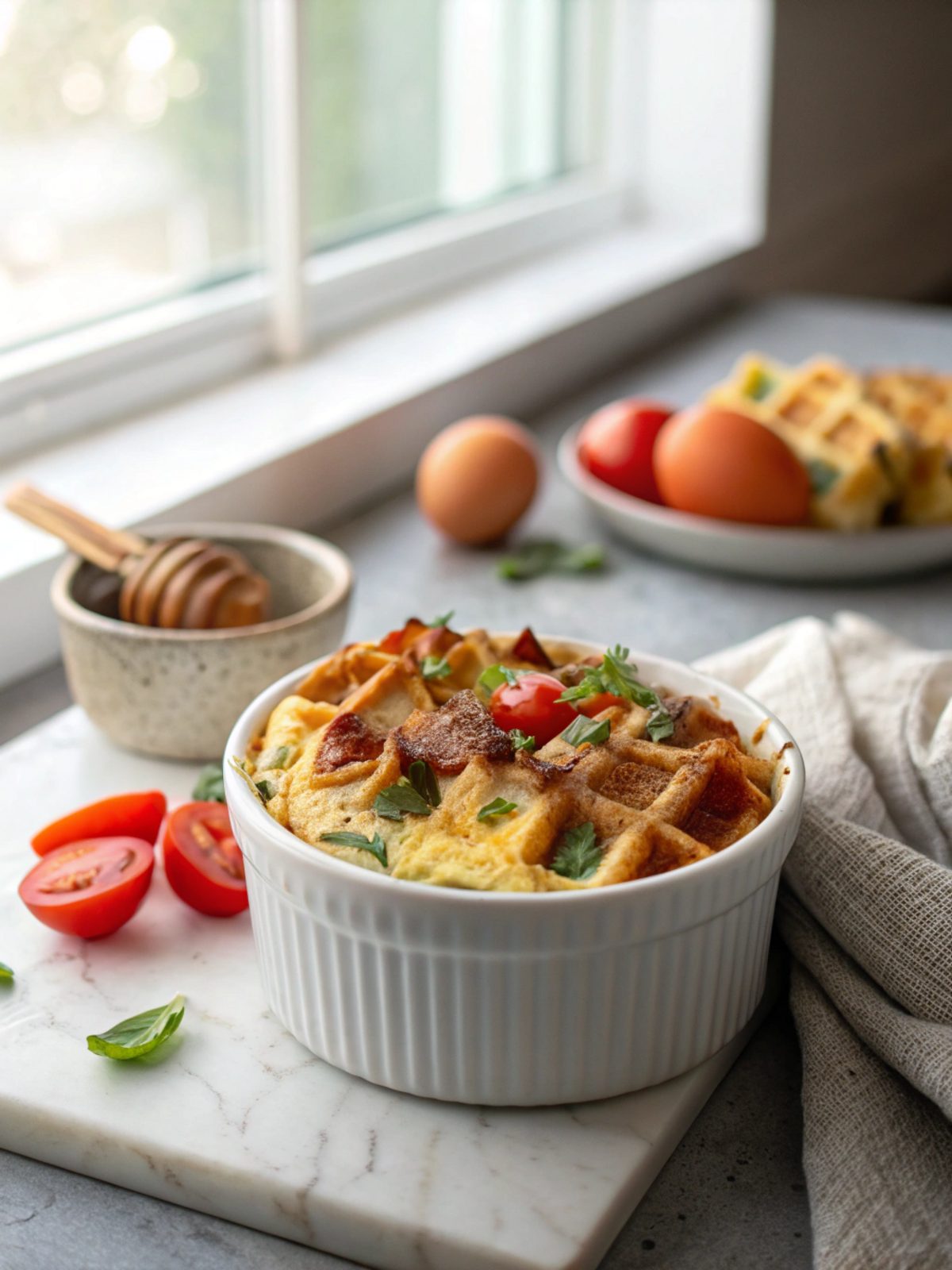 Tempting slice of Keto Chaffle Breakfast Casserole fresh from the oven