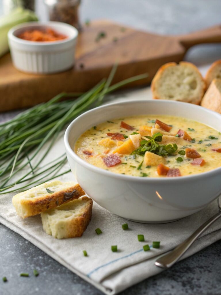 Delightful keto cheddar chowder recipe served in a bowl close-up