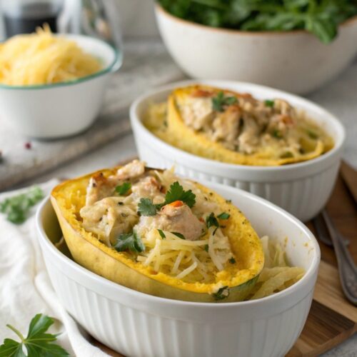 Keto Chicken Alfredo Spaghetti Squash Boats served and garnished.