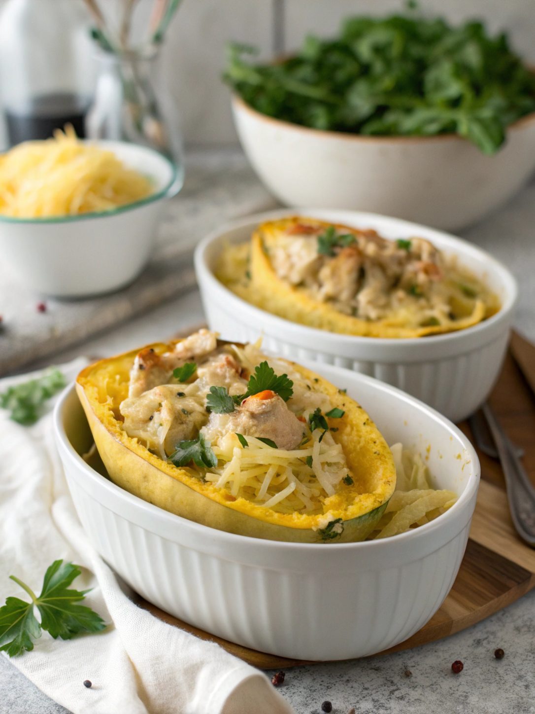 Keto Chicken Alfredo Spaghetti Squash Boats served and garnished.