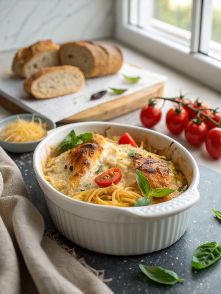 Scrumptious and cheesy Keto Chicken Chicken Bake fresh from the oven